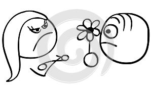 Vector Cartoon of Man With Flower and Angry Woman on Date.