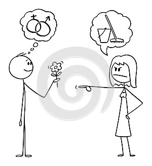 Vector Cartoon of Man Holding Flowers And Hoping in Romance or Sexual Intercourse. Woman is Sending Him to Wipe the