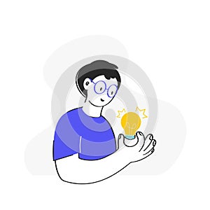 Vector Cartoon Man Holding Light Bulb On White Background For Idea