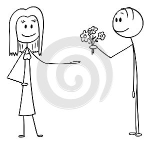 Vector Cartoon of Man Offering Flowers and Love to Woman on Date