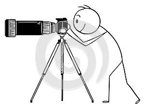 Vector Cartoon of Man or Photographer with Camera with Big and Long Zoom or Telephoto Lens on Tripod