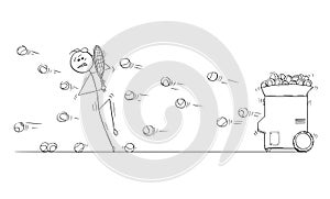 Vector Cartoon of Man Playing Against Tennis Ball Launcher Machine photo