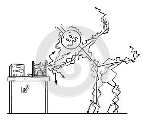 Vector Cartoon of Man or Repairman Repairing Some Electronic Device and Get Electric Shock