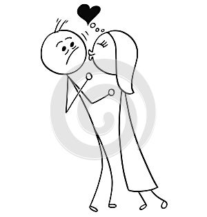 Vector Cartoon of Man Resisting the Kiss from Woman in Love