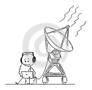 Vector Cartoon of Man or Scientist Hearing the Space Alien Signal From NASA SETI Antenna