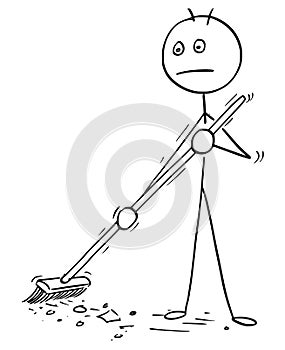 Vector Cartoon of Man Sweeping Floor Using Broom