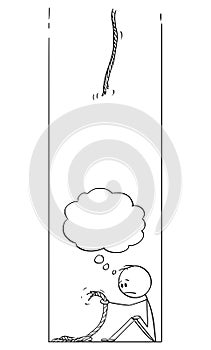 Vector Cartoon of Man Trapped in Hole, Holding Broken Rope and Thinking or Saying Something