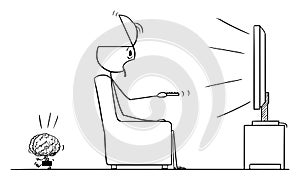 Vector Cartoon of Man Watching Dull Shows in TV or Television, His Brain Is Leaving Him