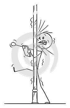 Vector Cartoon of Man Who Hit the Pole on the Street While Using Mobile Phone or Cellphone