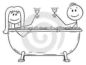 Vector Cartoon of Man and Woman Relaxing Together in Batch Tub with Glass of Wine