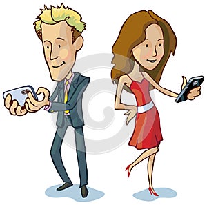 Vector cartoon of a man and woman texting