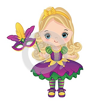 Vector Cartoon Mardi Gras Girl with Feather Mask