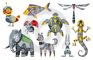 Vector cartoon mechanical robotic animals. Toy androids with artificial intelligence, pets for games. Creature produced