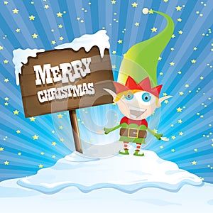 Vector cartoon merry Christmas elf on north pole