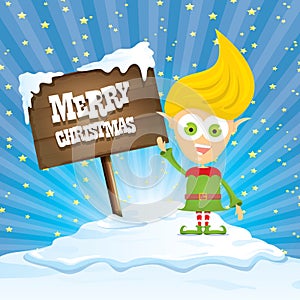 Vector cartoon merry Christmas elf on north pole