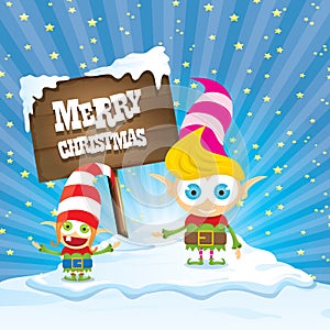 Vector cartoon merry Christmas elf on north pole