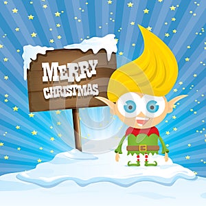 Vector cartoon merry Christmas elf on north pole