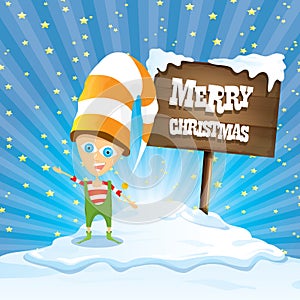 Vector cartoon merry Christmas elf on north pole