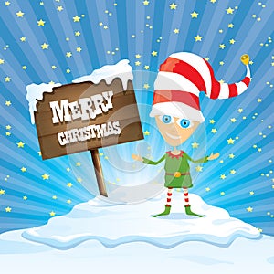 Vector cartoon merry Christmas elf on north pole