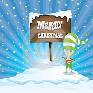 Vector cartoon merry Christmas elf on north pole