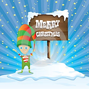 Vector cartoon merry Christmas elf on north pole