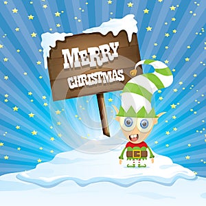 Vector cartoon merry Christmas elf on north pole