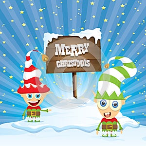 Vector cartoon merry Christmas elf on north pole
