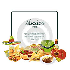 Vector cartoon mexican food below frame with place for text illustration