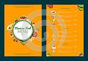 Vector cartoon mexican food cafe restaurant menu template illustration