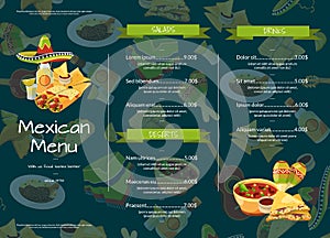 Vector cartoon mexican food cafe or restaurant menu template illustration