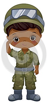 Vector Cartoon Military Boy. Vector Afro Soldier