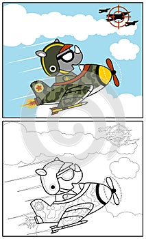 Vector cartoon of military plane with funny pilot