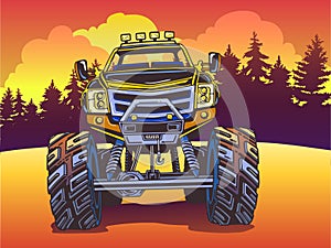 Vector Cartoon Monster Truck on the evening landscape in Pop Art style. Extreme Sports.