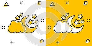 Vector cartoon moon and stars with clods icon in comic style. Nighttime concept illustration pictogram. Cloud, moon business