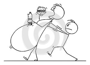 Vector Cartoon of Morbid Obese or Fat Man Eating Unhealthy Food While Another Man is Helping Him to Walk