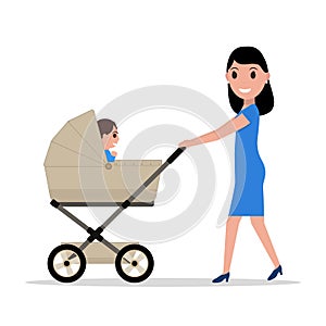 Vector cartoon mother riding a child baby carriage