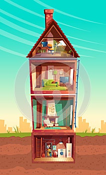 Vector cartoon multistorey house in cross section