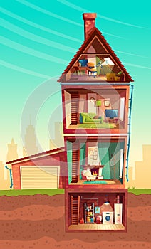 Vector cartoon multistorey house in cross section