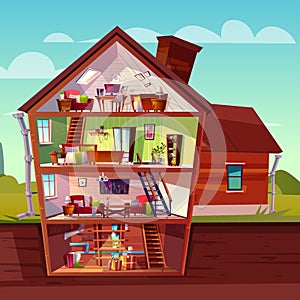 Vector cartoon multistorey house in cross section