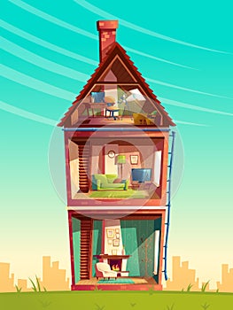 Vector cartoon multistorey house interior in section