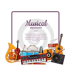 Vector cartoon musical instruments frame. Music background