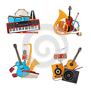 Vector cartoon musical instruments piles set isolated on white background illustration