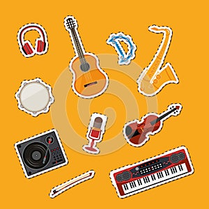 Vector cartoon musical instruments stickers set illustration