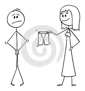 Vector Cartoon of Naked Man and Woman Giving Him Shorts or Boxers to Cover or Dress Yourself