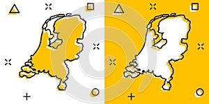 Vector cartoon Netherlands map icon in comic style. Netherlands sign illustration pictogram. Cartography map business splash