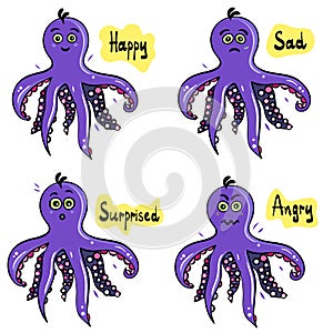 Vector cartoon octopus set or collection. Cartoon faces. Smiling, crying and surprised character face expressions. Isaolated vecto