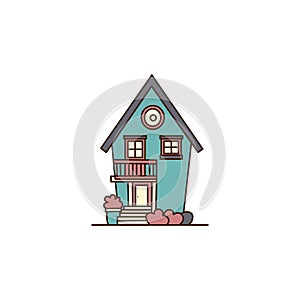 Vector cartoon old cottage with balcony icon. Vector old style blue house with white door icon