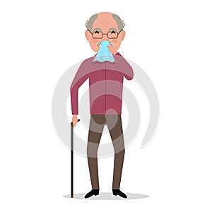 Vector cartoon old man caught cold, sneezing