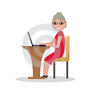 Vector cartoon old woman sitting at desk laptop