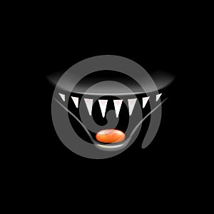 Vector Cartoon open mouth with fangs isolated on black background. Funny and cute black funny Halloween Monster open